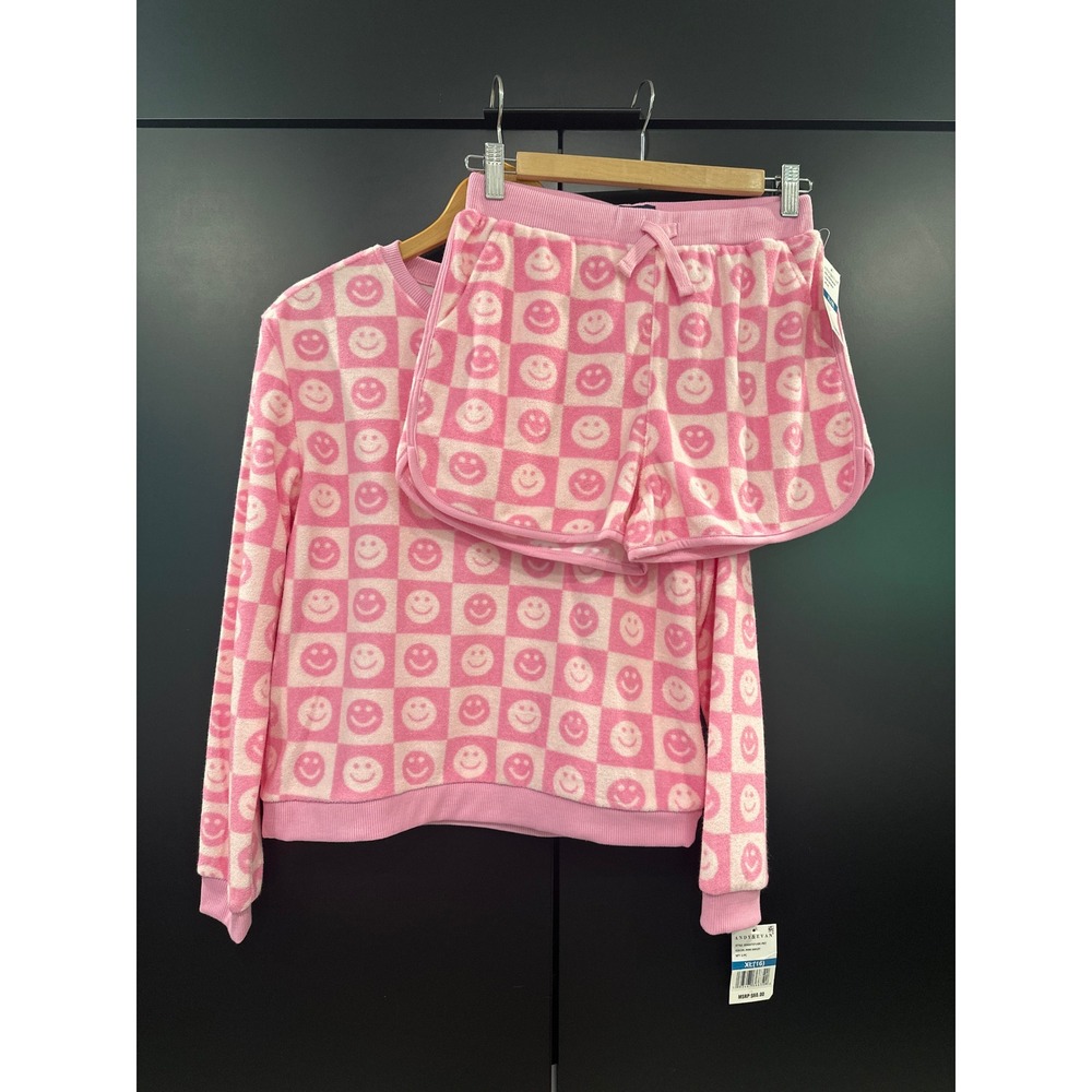 Andy & Evan Girls Pink Smiley Face Checkered Sweatshirt and Shorts Set XL 16 NWT